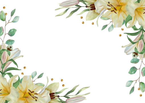 White lilies corner frame. Hand drawn watercolor illustration of delicate pastel flowers, isolated. Perfect for wedding invitations, birthday cards, Easter, baptism and funeral cards.