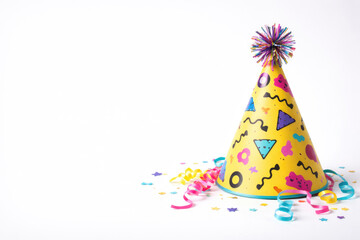Obraz premium Festive hat with confetti and serpentine on a light background. Space for text.