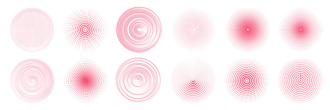 Set of radiate echo patterns. Red concentric circular and radial shockwave collection. Abstract vector round, ripple, signal elements.