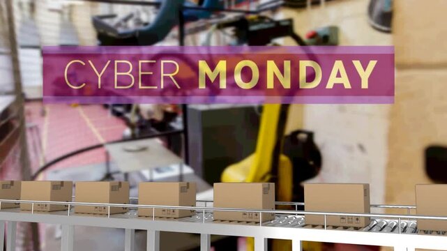 Animation of cyber monday text over cardboard boxes on conveyor belt in warehouse