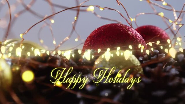 Animation of text, happy holidays, in yellow, over string lights and christmas decorations