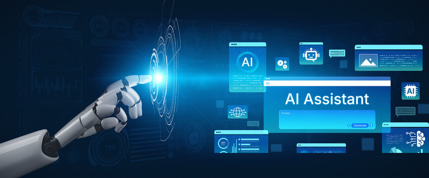 Future of work with AI assistant. Futuristic AI Assistant interface with multimodal predictive AI data analytics, voice recognition, and generative AI image creation on Predictive Dashboard. Corpus