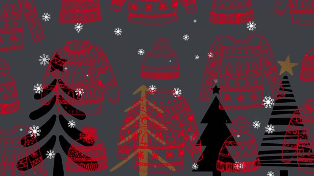 Snowflakes falling over christmas sweater and hat in seamless pattern against christmas tree icons