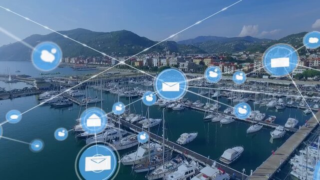 Network of digital icons and drone carrying a delivery box against aerial view of the port harbor