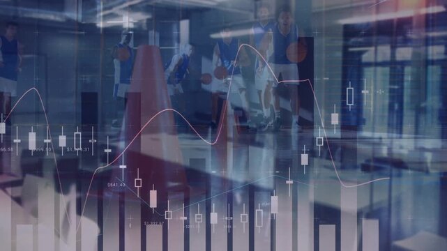 Animation of data processing over diverse male basketball players at gym