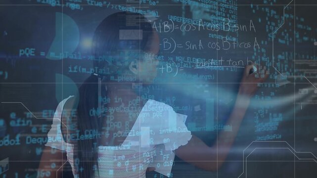 Animation of math formulas over african american girl writing on blackboard