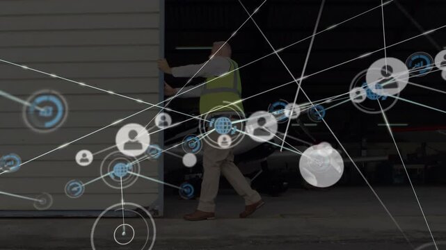 Animation of network of profile icons over male worker opening the parking gate at the airport