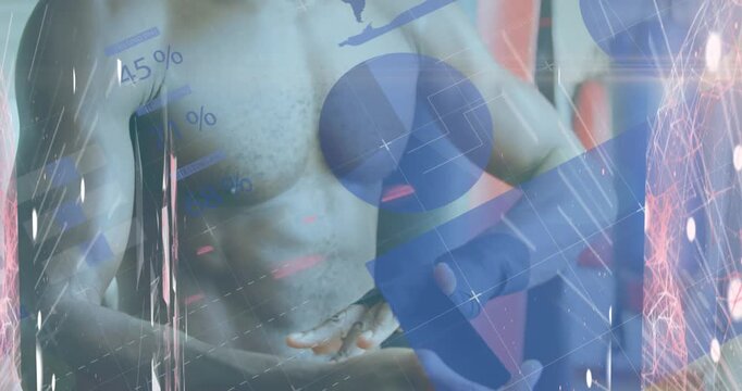Statistical data processing over african american male boxer wrapping hand in boxing tape