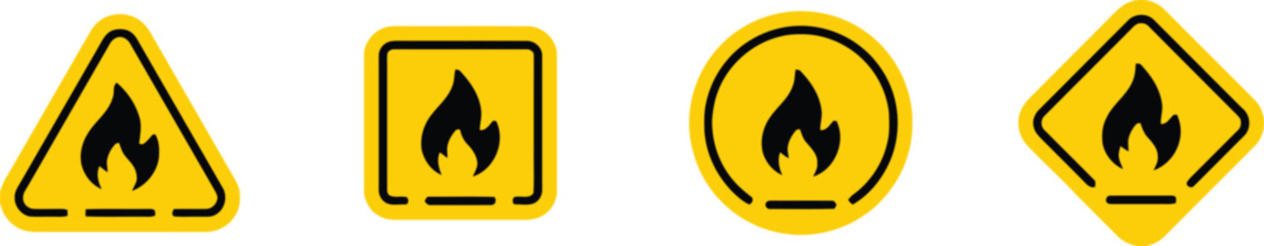 Four yellow road signs warning of fire hazard ahead