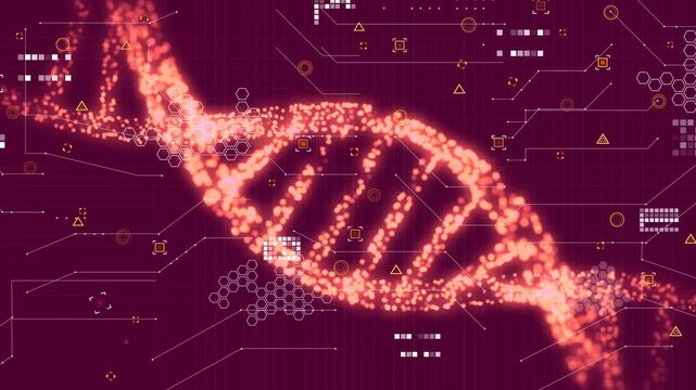 Animation of dna and icons over purple background