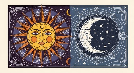 Obraz premium Vibrant celestial illustration showcasing the mystical balance between the radiant sun and serene crescent moon, symbolizing the cosmic duality of day and night