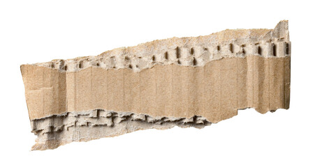 Piece of torn ripped and crumpled brown corrugated cardboard with texture and fine details, transparent png background design element