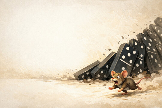 A frightened mouse in front of falling dominoes. Space for text.