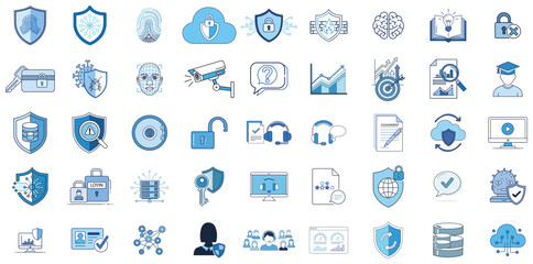 Obraz premium A collection of various cybersecurity and technology icons in blue and grey tones on a white background