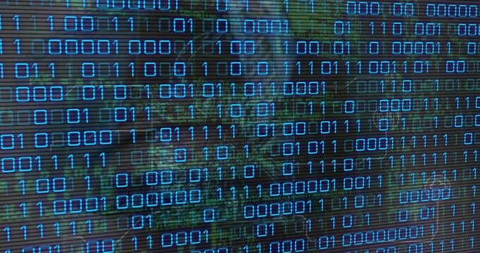 Composition of binary coding processing over purple background