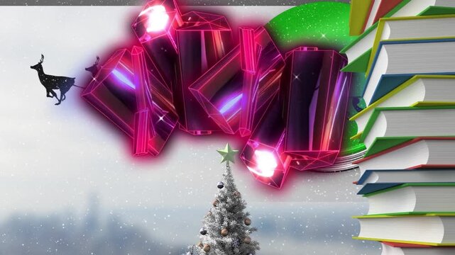 Animation of crystals and books over santa in sleigh at christmas