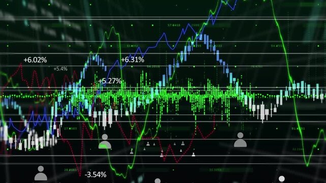 Animation of data processing with graph on black background