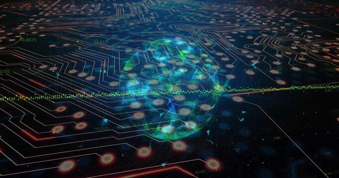 Animation of graph over illuminated rotating globe against circuit board pattern in background