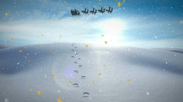Animation of snow falling over santa claus in sleigh with reindeer in winter scenery