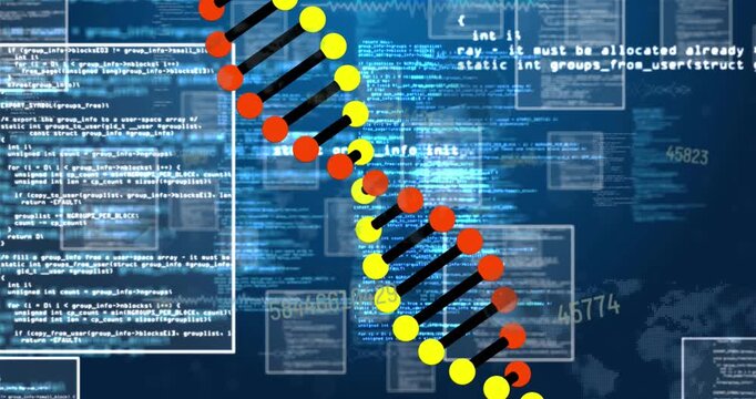 Animation of dna strand spinning and data processing on blue background