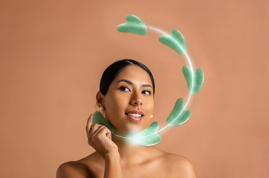 Woman using jade roller with glowing facial treatment effect