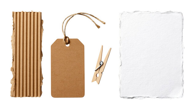 A collection of stationery items including a textured cardboard strip a brown tag and a peg isolated on transparent background