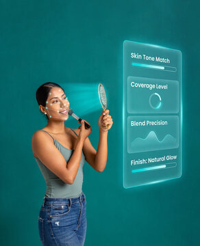 Woman applying makeup with brush using digital skin matching interface