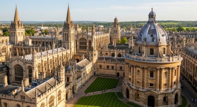 Aerial View of Historic Oxford University Architecture at Sunrise.