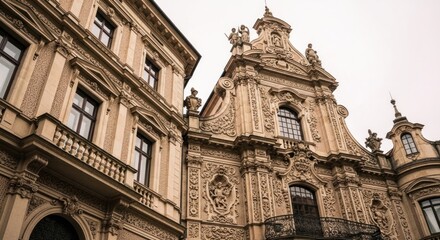 Obraz premium Baroque Facade of a Historic Building Under a Cloudy Sky.