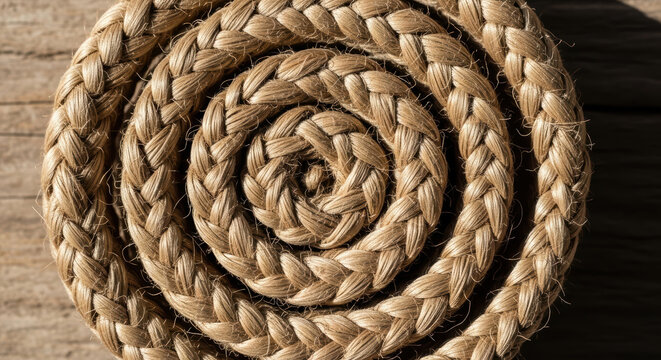 Coiled Natural Fiber Rope on Wooden Surface