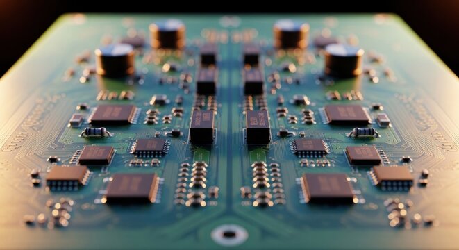 Closeup of a complex electronic circuit board with many components.