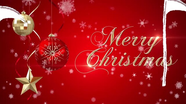 Animation of snow falling over christmas greetings text and decoration