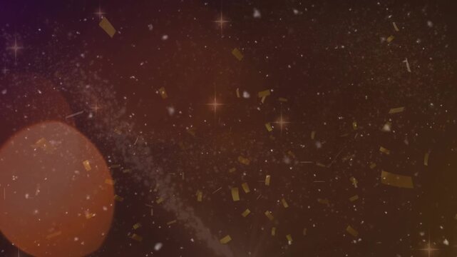 Animation of stars and confetti over explosion on brown background