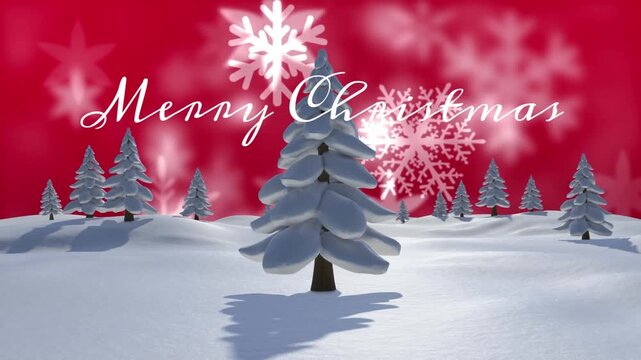 Animation of christmas greetings text over snow falling in winter scenery
