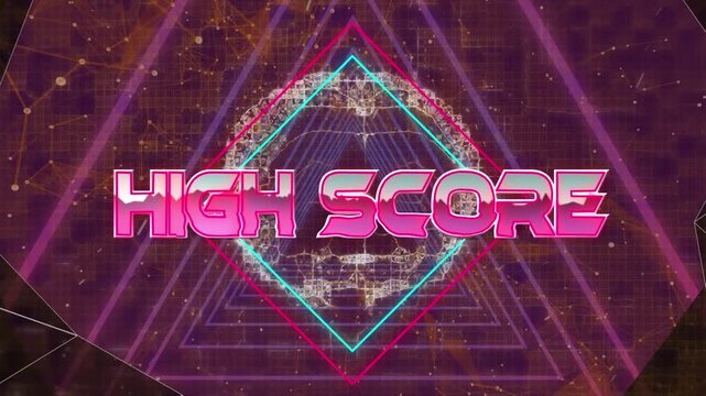 Animation of high score text banner over brain icon against triangular shapes in seamless pattern
