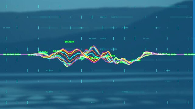 Animation of financial data processing against landscape with mountains