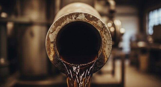 Closeup of dark liquid dripping from industrial pipe end.