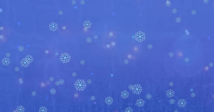 Animation of snowflakes falling and spots of light against winter landscape with copy space