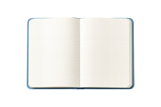 An open notebook with blank white pages showing a top down view of a generic stationary object isolated on transparent background