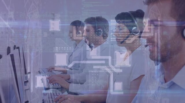 Animation of data processing over team of diverse customer care executives working at office