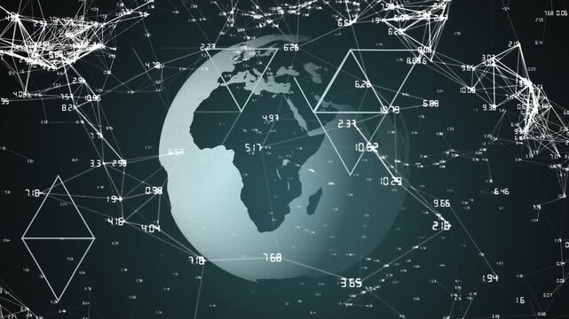 Animation of dots connected and forming geometric shapes and numbers against rotating globe