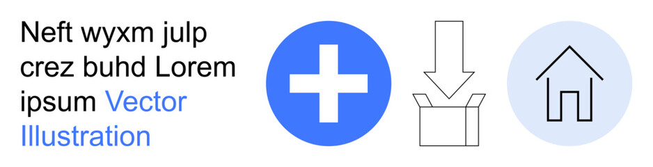 Obraz premium Healthcare, technology, delivery, home services, remote access, online platforms. Blue medical cross, arrow pointing into a box house outline. Healthcare and technology inspiration