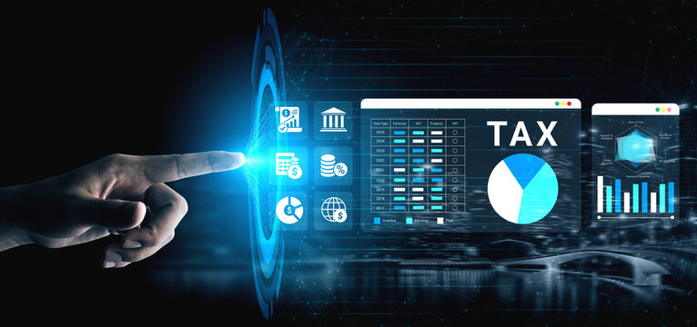 Futuristic illustration depicting a digital tax management system with interactive elements, data visualization, and a focus on technology in finance and business. Ledger