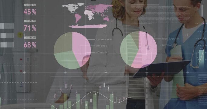 Animation of data processing over caucasian doctors with patient
