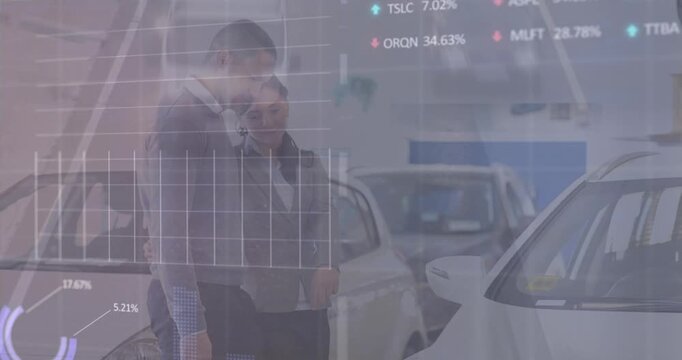 Animation of financial data processing over couple in car sales shop