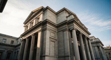 Obraz premium Grand Classical Building Facade with Columns and Blue Sky.