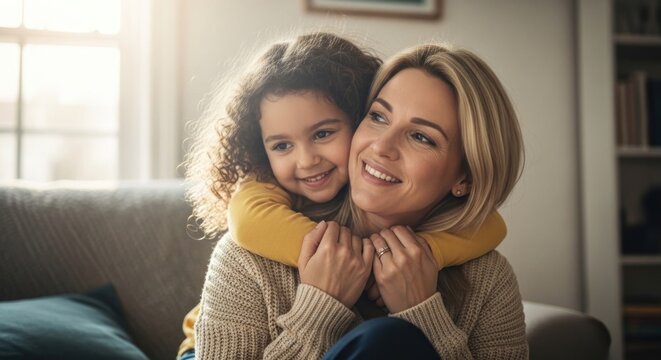 Happy mother and daughter embracing warmly at home feeling loved and connected.