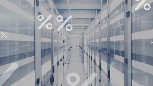 Animation of percentile symbols and moving bars on server room in background