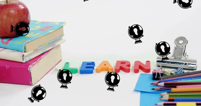 Animation of globe icons and learn text over school items