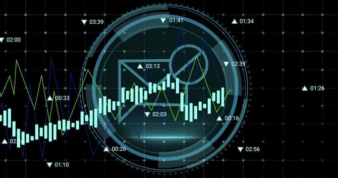 Animation of data processing against cyber security text banner and message icon on round scanner